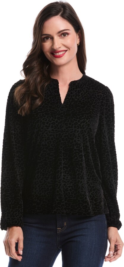 Rafaella Petite Cheetah Print Split Neck Long Sleeve Popover Top