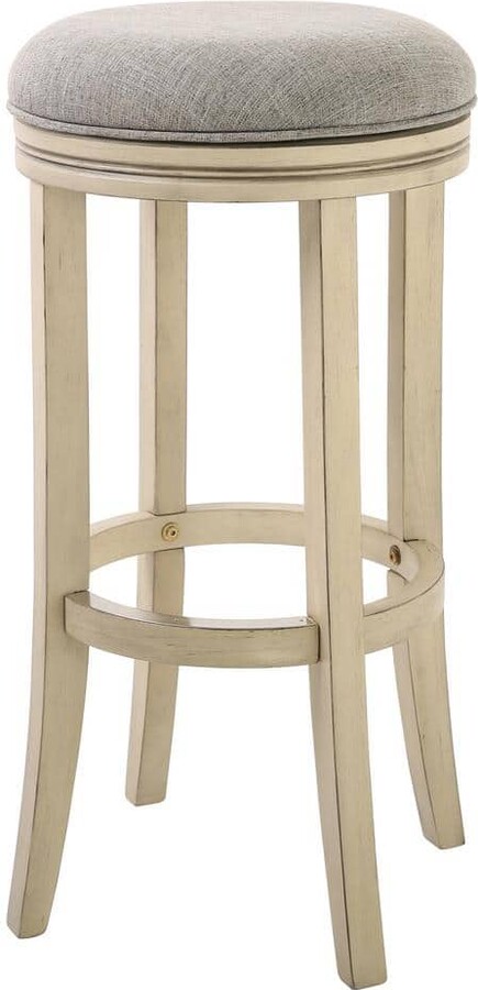 New Ridge Home Goods Victoria 31 in. Distressed Ivory Backless Wood Swivel Bar Stool with Upholstered Gray Seat, 1-Stool