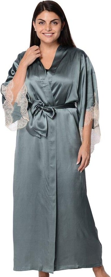 TJC 100% Mulberry Silk Long Robe with Kimono Style Sleeves with Lace in  Gift Box Light Weight Loose Fit Removable Belt Ultra Soft Size S/M -  Emerald - ShopStyle