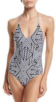 Red Carter Lace-Up Back One-Piece Swimsuit, Blue