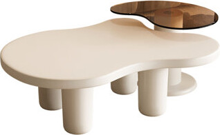 Ivy Bronx 2 In 1 Cream White Nesting Coffee Tables - Modern Irregular Glass Top End Table For Living Area Design Quick Assembly Promised Simple Installation