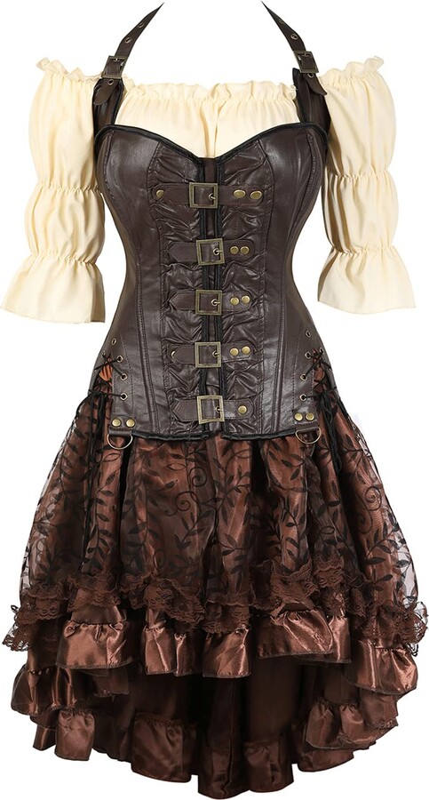 Grebrafan Steel Boned Corset Skirt With Blouse Steampunk 3 Piece