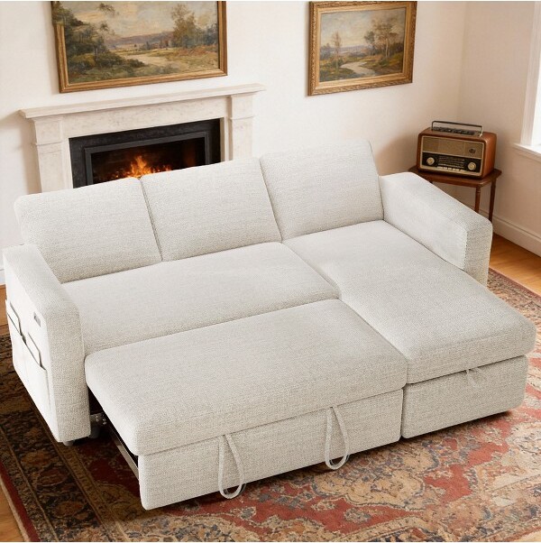 DyonerySleeperSofa-2in1PullOutCouchBedwithStorageChaiseLivingRoomChenilleSectionalCouchwithUSBPortsBeige