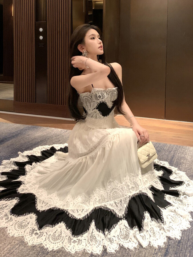 LAJWMPLXLS Vintage Fashion Women & apos;s Black Beige Patchwork Elegant Pleated Evening Party Dress French Summer Sleeveless Backless Slip Dresses