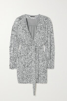 Thumbnail for your product : Rotate by Birger Christensen Samantha Belted Sequined Stretch-jersey Mini Wrap Dress - Silver
