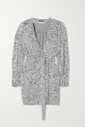 Rotate by Birger Christensen Samantha Belted Sequined Stretch-jersey Mini Wrap Dress - Silver