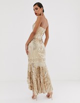 Thumbnail for your product : Bariano embellished patterned sequin sweetheart maxi dress dress in gold