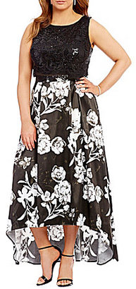 Jodi Kristopher Plus Lace to Floral Print Two-Piece High-Low Dress
