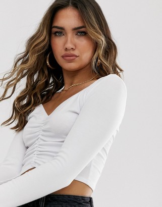 ASOS DESIGN top with v-front and back and ruched detail in white