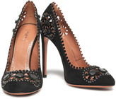 Thumbnail for your product : Alaia Laser-cut Leather-trimmed Embellished Suede Pumps