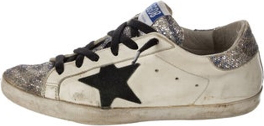 Golden Goose Superstar Low Top Sneakers White Leather Animal Print Rubber Trim Distressed & Glitter Accents Round-Toes Lace-Up Closure at Uppers Includes Dust Bag Designer