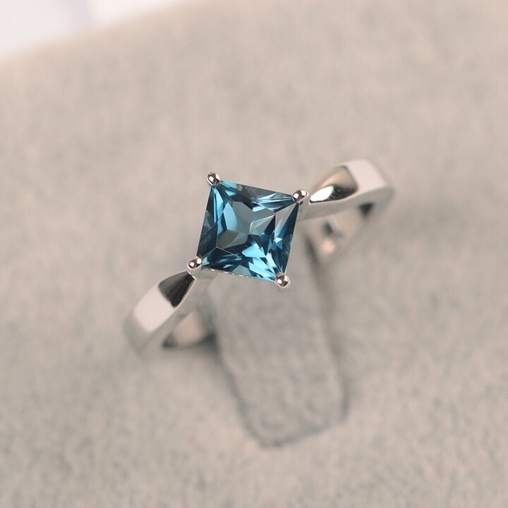 Etsy Minimalist Ring Kite Setting London Blue Topaz Wedding Princess Cut November Birthstone