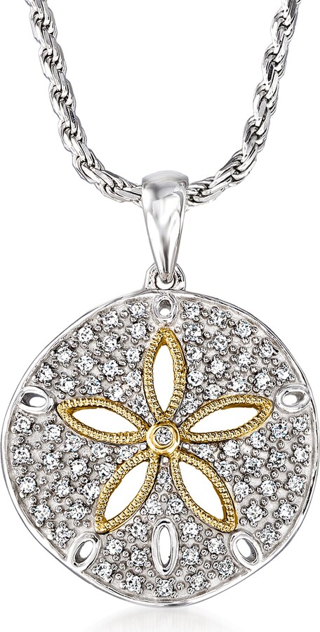 Ross-Simons Diamond Sand Dollar Pendant Necklace in Sterling Silver and 14kt Yellow Gold