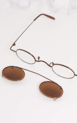 PrettyLittleThing Brown Lens Small Oval Flip Sunglasses