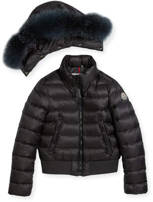 Moncler New Alberta Quilted Coat w/ Fur Trim, Size 8-14
