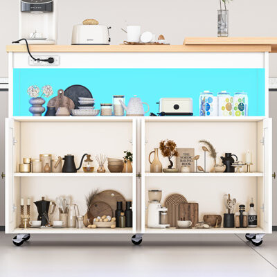 Winston Porter Rolling Kitchen Island With Swivel Table, Kitchen Cart With Led s, Power Outlet, Movable Storage Cabinet With Side Tabletop On Wheels, For Kitchen, L