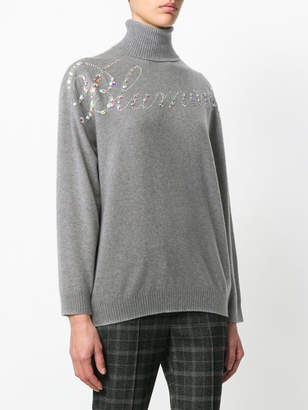 Blumarine embellished slogan front turtleneck sweater