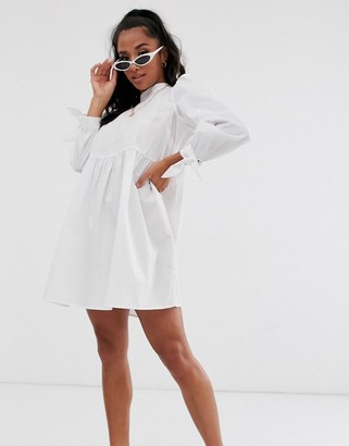 ASOS DESIGN Petite high neck mini smock dress with pin tucks and tie sleeves