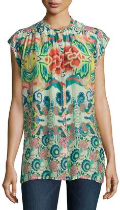 Johnny Was Sage Button-Front Printed Top