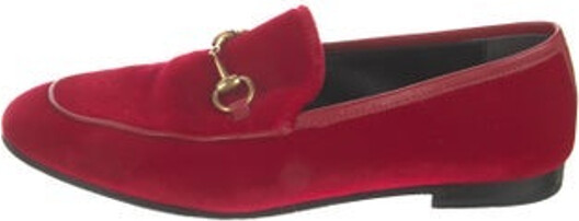Gucci Velvet Loafers Red Horsebit Accent Leather Trim Semi-Pointed Toes with Leather Trim Embellishment Includes Dust Bag Designer