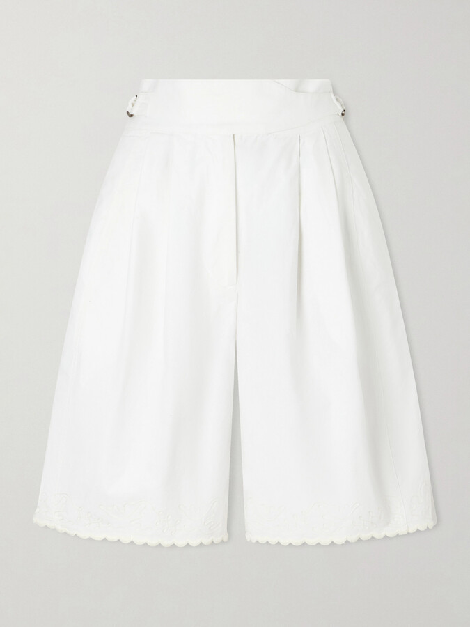 BODE - Closerie Belted Scalloped Embroidered Cotton-poplin Shorts - Neutrals