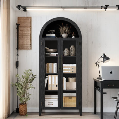 Ebern Designs Arched Bookcase Cabinet, Farmhouse 5-Tier Shelf with Adjustable Shelf and 2 Glass Doors, Versatile Storage Cupboard for Kitchen, Dining Room, Living R