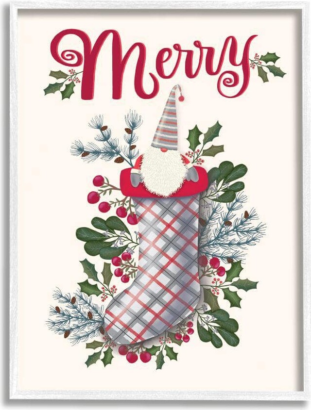 Merry Christmas Gnome Plaid Holly Stocking By Darlene Seale Framed Print Abstract Texturized Art 11 in. x 14 in.