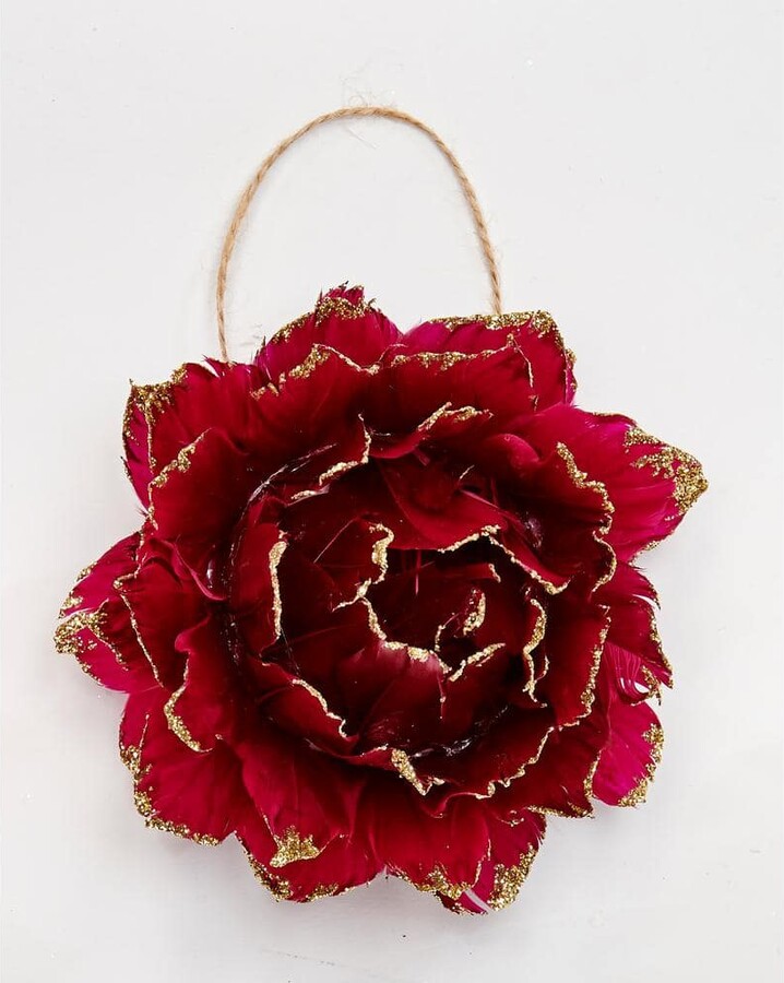 3 in. Glittered Tip Feather Flower Ornament, Burgundy (Set of 6)