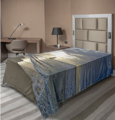 Ambesonne Beach Top Flat Sheet Sailing Shipt Sunset Blue Beige White