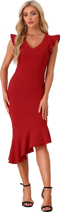 Allegra K V Neck Ruffle Sleeve Bodycon Sheath Dress for Women's