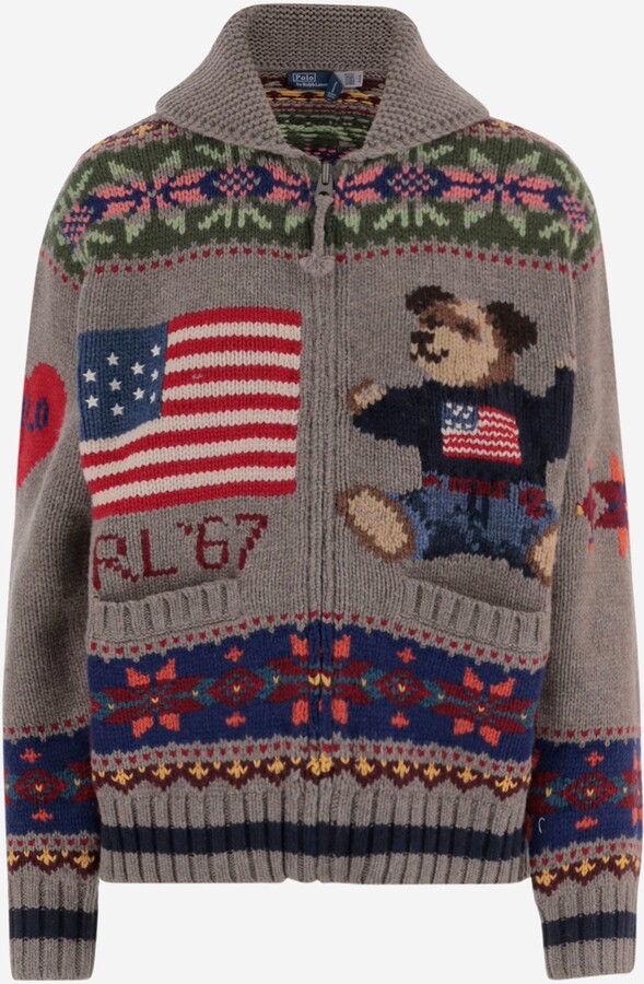 Wool Sweater With Polo Bear Print And Geometric Pattern