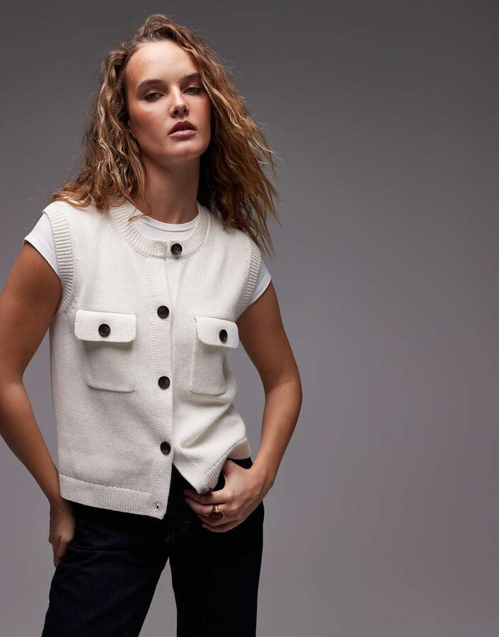Arket knit tank vest with button front and patch pockets in off white