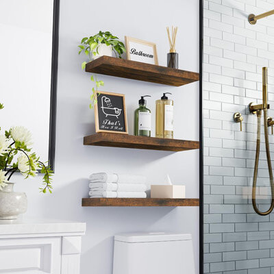 Ophelia & Co. Set Of 3 Farmhouse Rustic Floating Wall Shelves For Bathroom & Home Decor, Rustic Brown