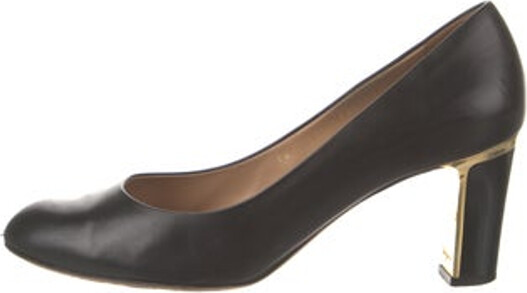 Ferragamo Leather Pumps Black & Gold Round-Toes Includes Box & Dust Bag