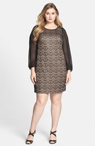 Thumbnail for your product : Donna Ricco Sheer Sleeve Lace Overlay Shift Dress (Plus Size)