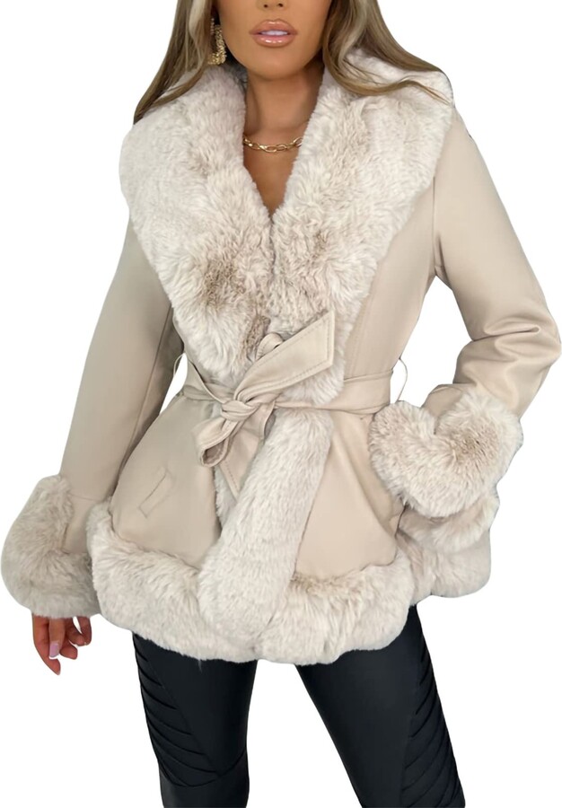 Dubute Winter Coats for Women Faux Leather Jacket with Faux Fur