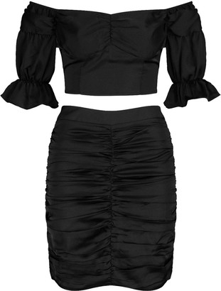 boohoo Satin Bardot Corset Style Top and Skirt Co-ord