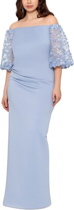 Xscape Evenings Plus Size Off-The-Shoulder Floral-Applique-Sleeve Scuba-Crepe Gown