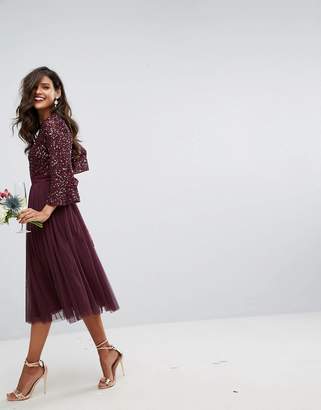 Maya Bell Sleeve Midi Dress In Tonal Delicate Sequin With Tulle Skirt And Kimono Sleeve