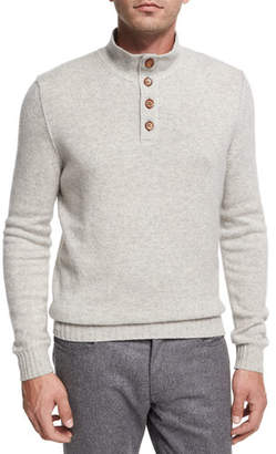 Ermenegildo Zegna Cashmere Button-Neck Pullover, White/Gray