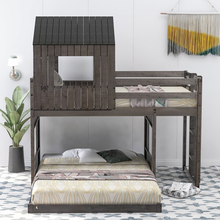 EDWINRAY Farmhouse Wooden Twin Over Full Bunk Bed with Playhouse
