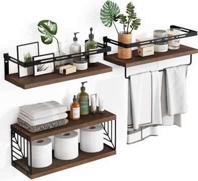 17 Stories 3+1 Tier Wall Mounted Rustic Wood Floating Shelf With Metal Frame And Towel Bar Dark Brown