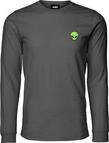 Dalix Alien Embroidered Cotton Classic Fit Long Sleeve Crewneck Tee Shirt Mens in Asphalt Gray M Medium
