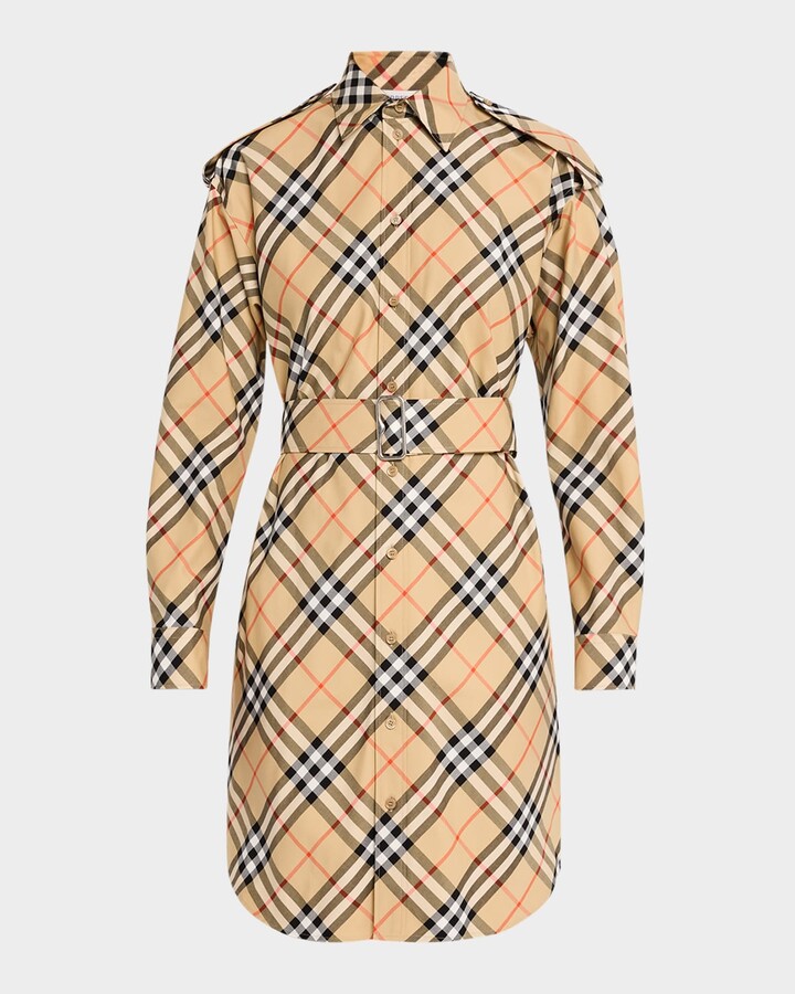 Burberry Check Belted Long-Sleeve Shirtdress