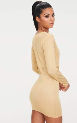 PrettyLittleThing Gold Ribbed Long Sleeve Plunge Bodycon Dress
