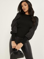 Thumbnail for your product : Quiz Light Knit Satin Puff Long Sleeve Top - Black