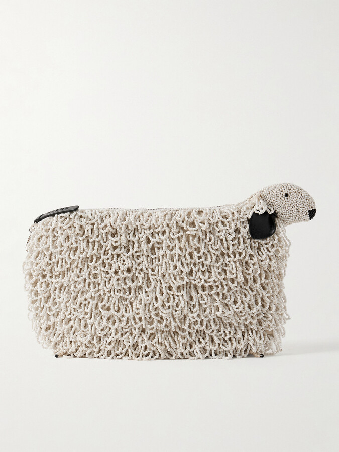 STAUD - Prairie Leather-trimmed Beaded Satin Clutch - White