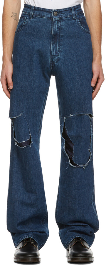 banan velsignelse leder Raf Simons Navy Uneven Knee Patch Jeans - ShopStyle