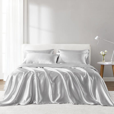 Wovilo Twin 100% Satin 4 Pcs Grey Luxury Sheet - Wrinkle  Smooth Texture Tames Frizz Fitted For 16\