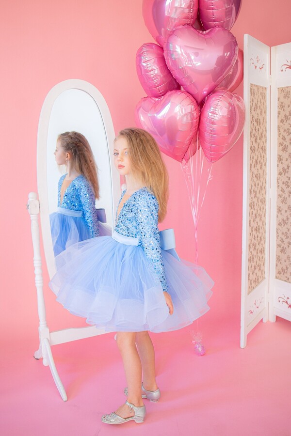 Baby Blue Tulle Dress, Girl Tutu Birthday Flower Party Sequin Photo Prop Formal